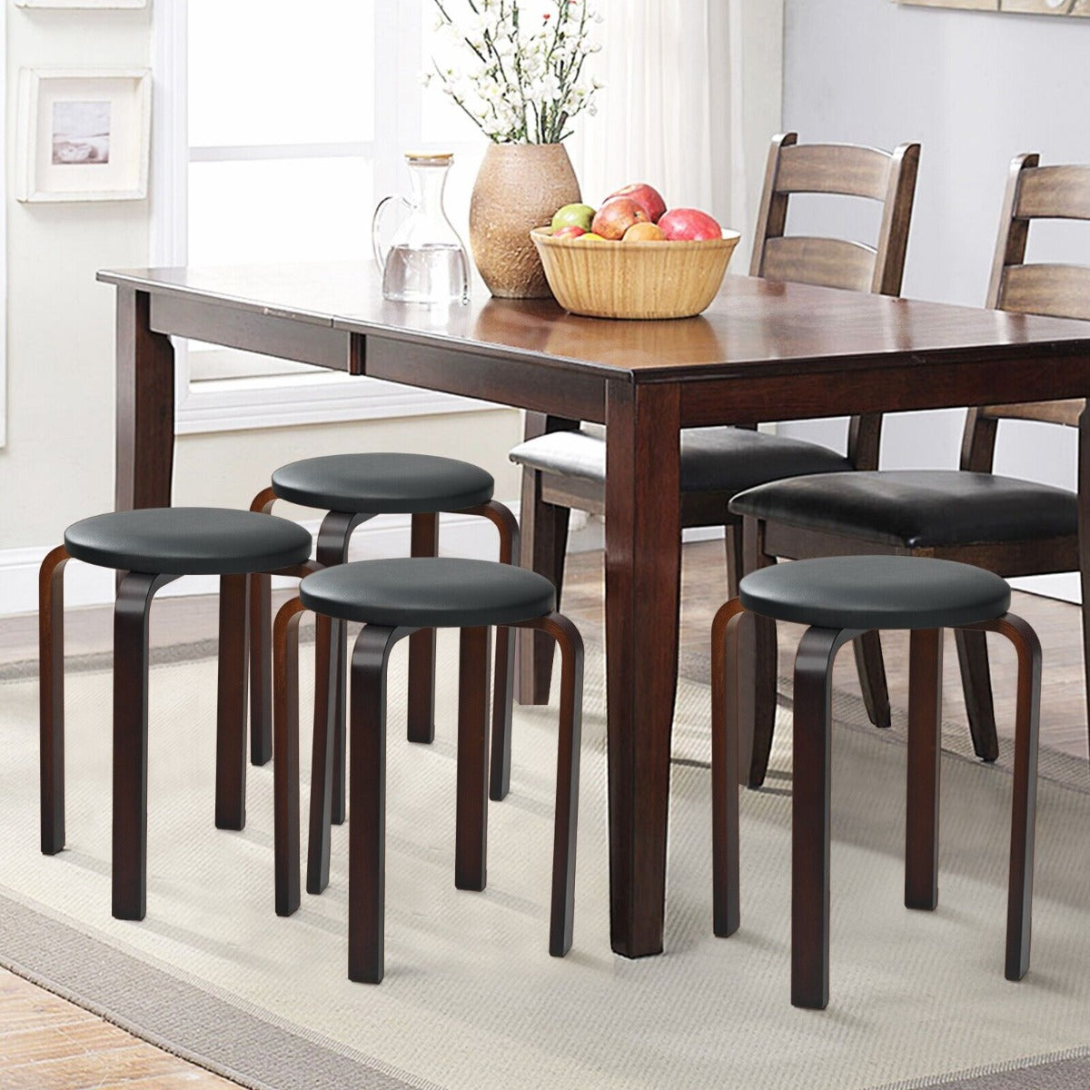 Set of 4 Padded Stackable Wooden Upholstered Round Bar Dining Stools-Black