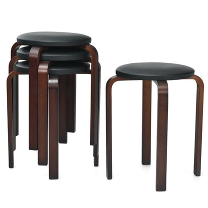 Set of 4 Padded Stackable Wooden Upholstered Round Bar Dining Stools-Black