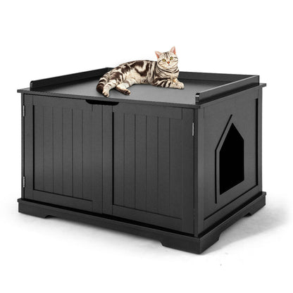 Large Cat Litter Box with Double Doors and Removable Divider-Black