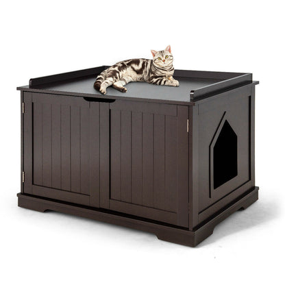 Large Cat Litter Box with Double Doors and Removable Divider-Brown