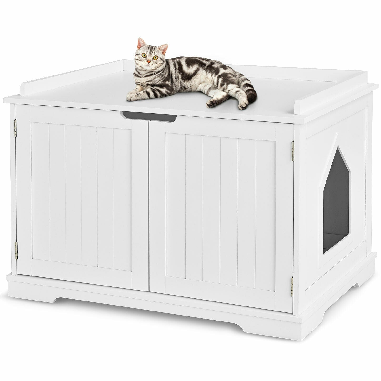 Large Cat Litter Box with Double Doors and Removable Divider-White