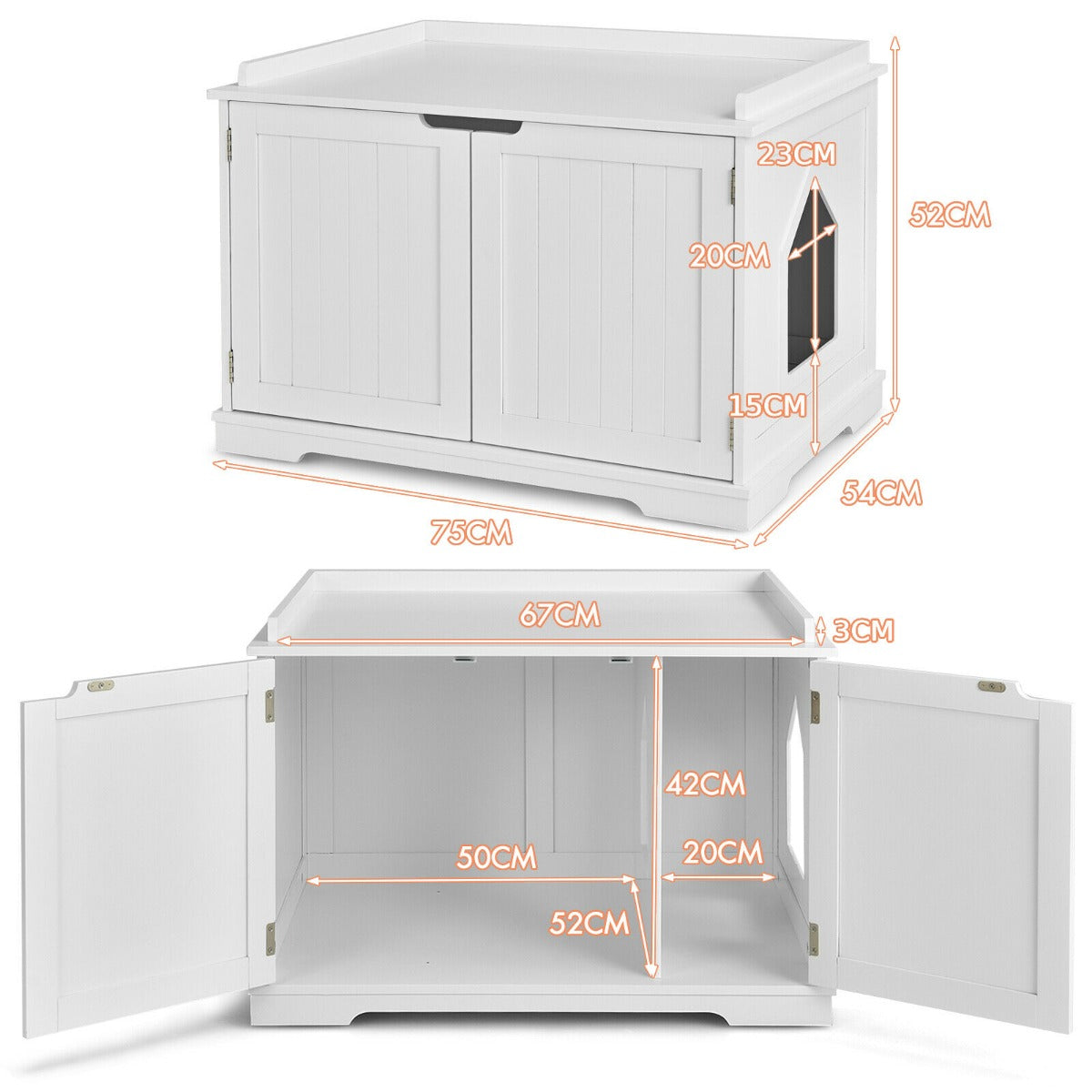 Large Cat Litter Box with Double Doors and Removable Divider-White