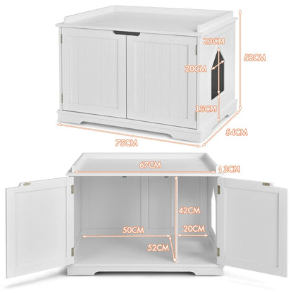 Large Cat Litter Box with Double Doors and Removable Divider-White