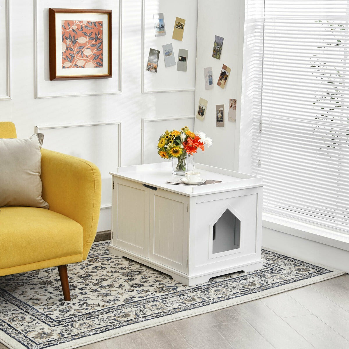 Large Cat Litter Box with Double Doors and Removable Divider-White