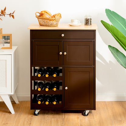 Rolling Kitchen Cart with 3 Tier Wine Racks and Cupboards-Brown