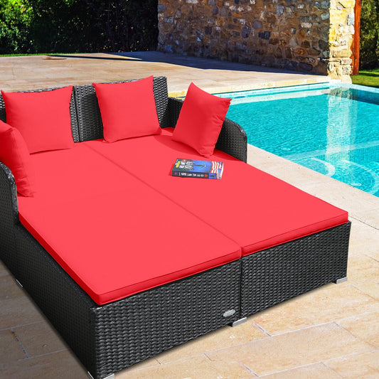 Rattan Garden 2 Seater Daybed Furniture Set  with Cushions-Red