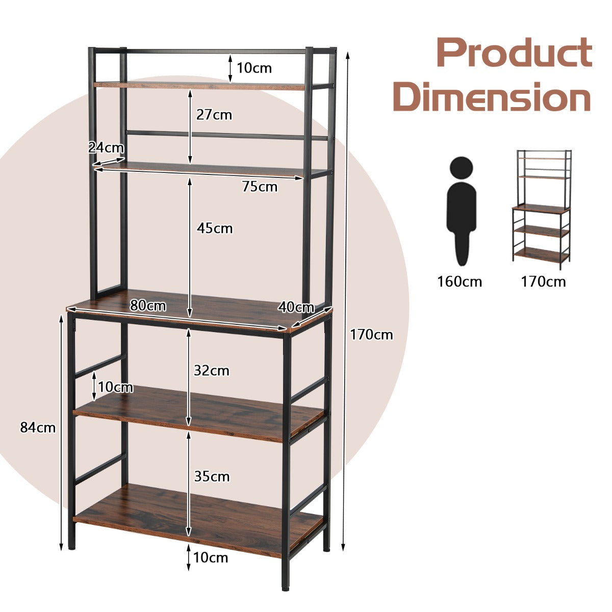 5-Tier Kitchen Bakers Rack with Hutch-Rustic Brown