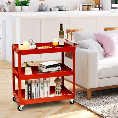 3-Tier Tool Trolley with Lockable Wheels for Garage Restaurant-Red