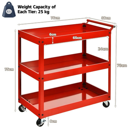 3-Tier Tool Trolley with Lockable Wheels for Garage Restaurant-Red