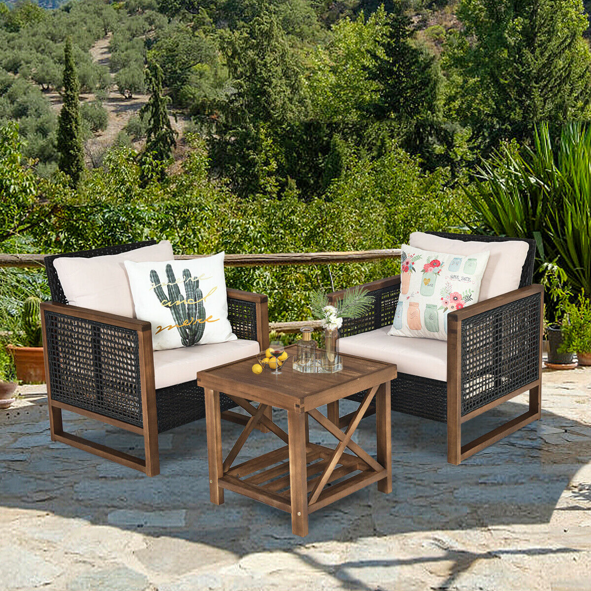 3 Pieces Outdoor Rattan Furniture Bistro Set with Cushioned Sofas-Beige