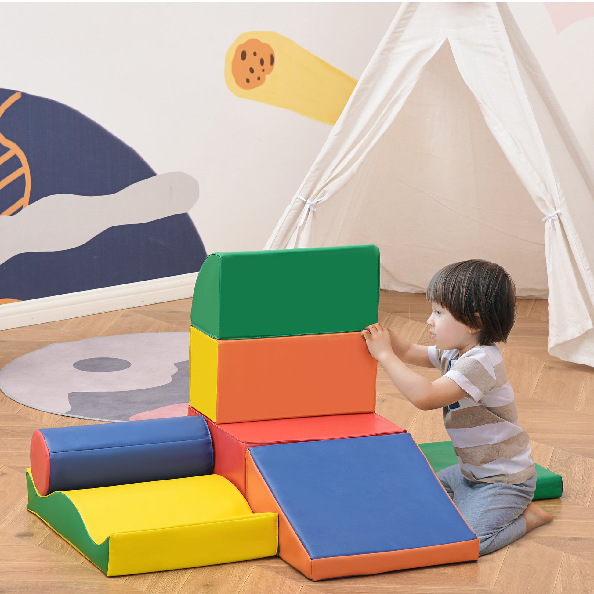 HOMCOM 7 Piece Soft Play Blocks Kids Climb and Crawl Gym Toy Foam Building and Stacking Blocks Non-Toxic Learning Play Set Educational Software Toy 