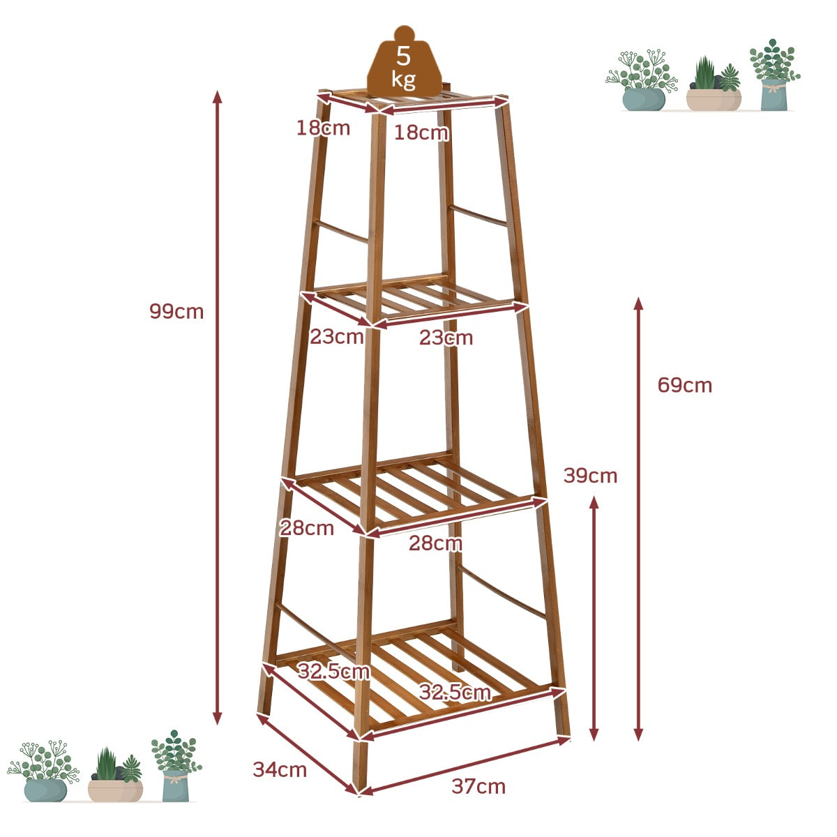 Freestanding 4-tier Bamboo Plant Stand for Indoor Outdoor-Brown