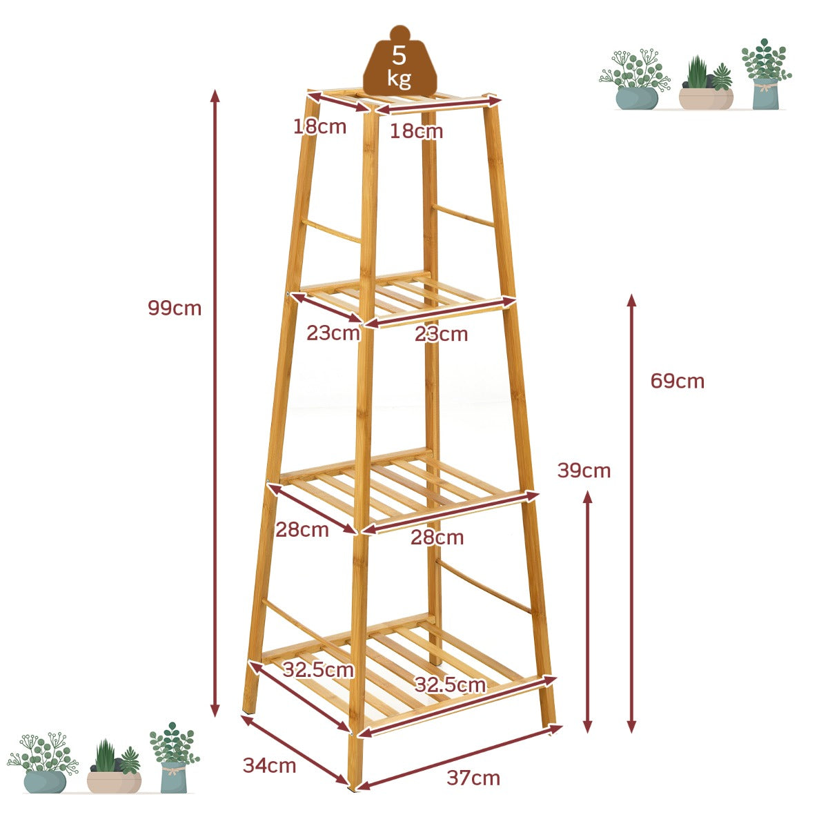 Freestanding 4-tier Bamboo Plant Stand for Indoor Outdoor-Natural