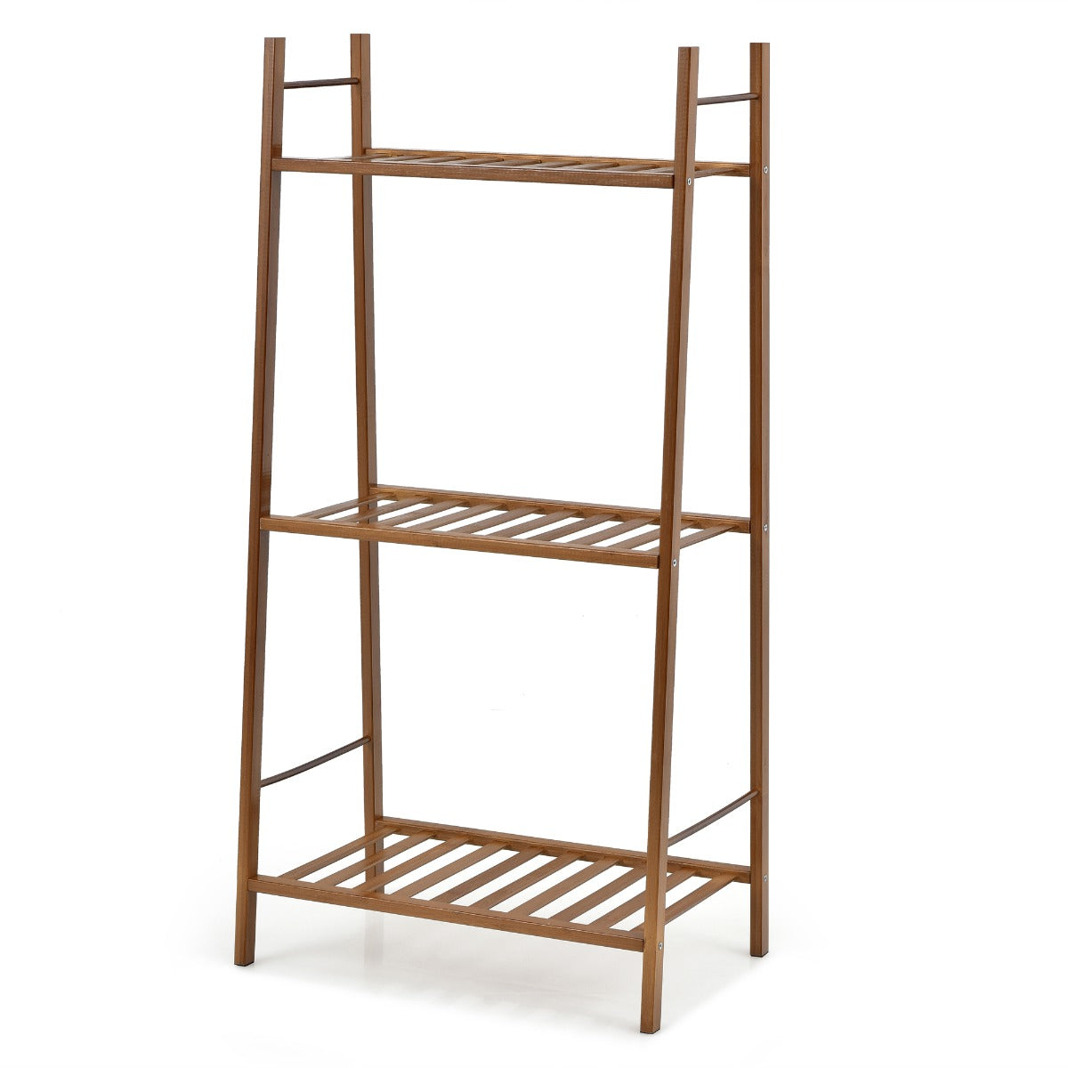 3 Tier Bamboo Plant Stand with Rear Bar for Storage and Display-Brown