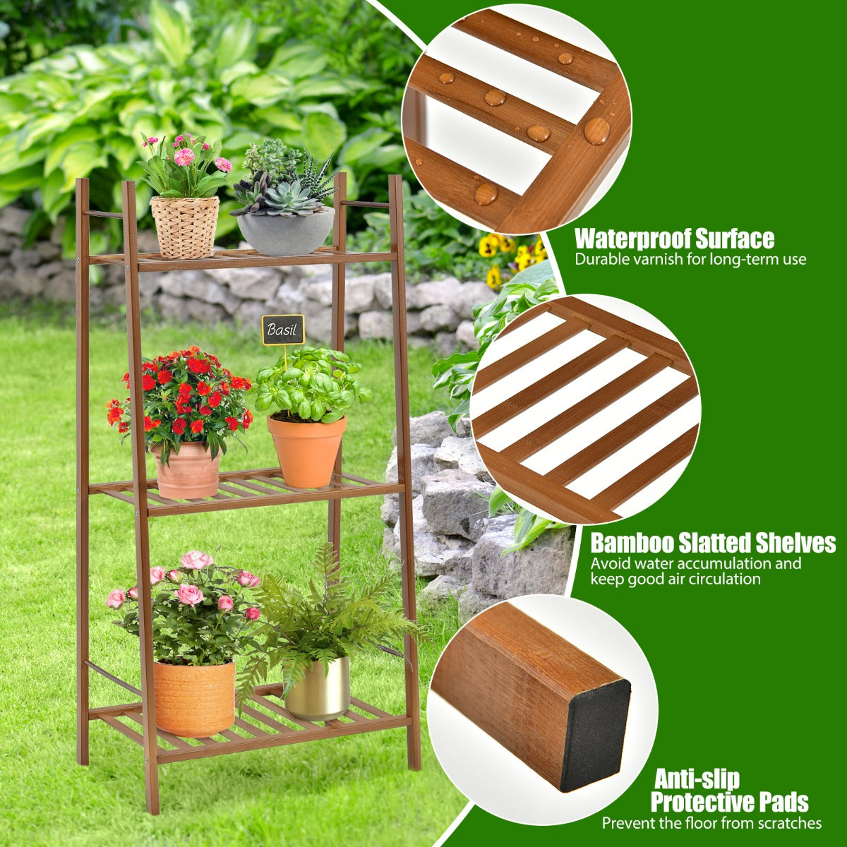 3 Tier Bamboo Plant Stand with Rear Bar for Storage and Display-Brown