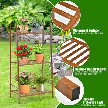 3 Tier Bamboo Plant Stand with Rear Bar for Storage and Display-Brown