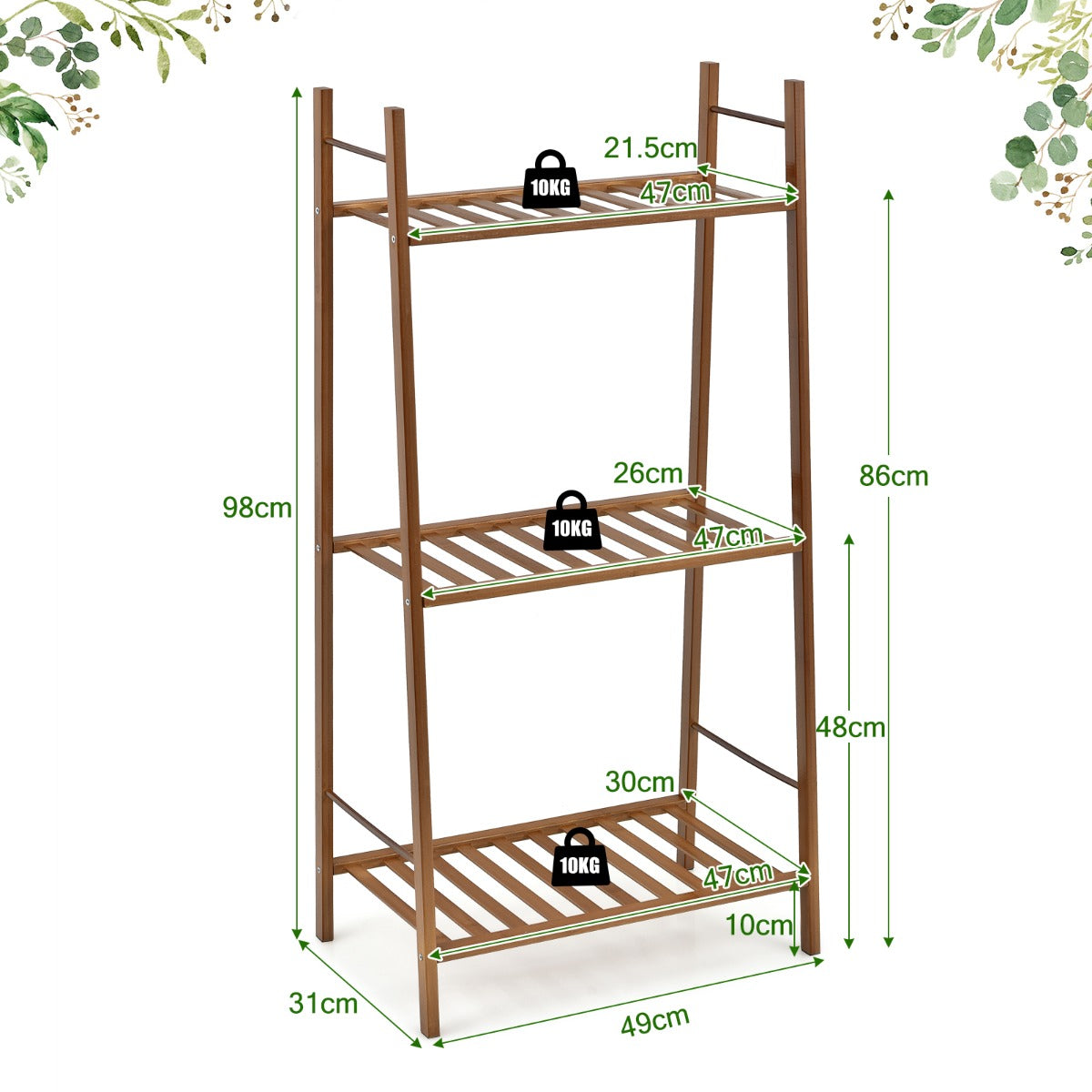 3 Tier Bamboo Plant Stand with Rear Bar for Storage and Display-Brown