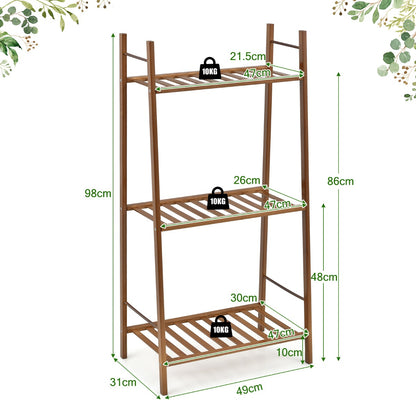 3 Tier Bamboo Plant Stand with Rear Bar for Storage and Display-Brown