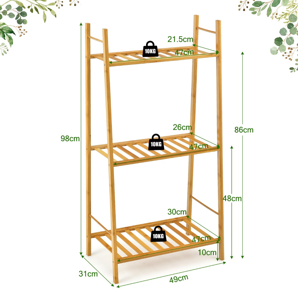 3 Tier Bamboo Plant Stand with Rear Bar for Storage and Display-Natural