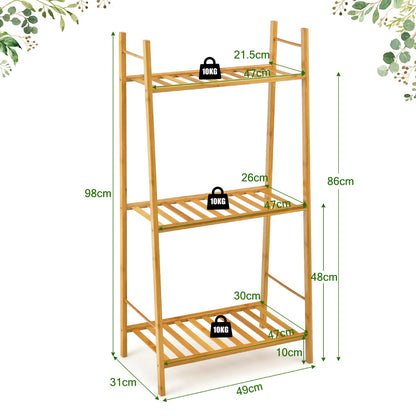 3 Tier Bamboo Plant Stand with Rear Bar for Storage and Display-Natural