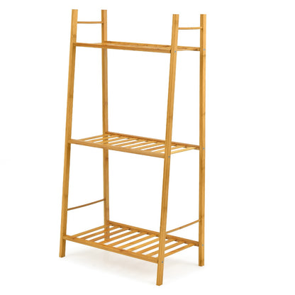 3 Tier Bamboo Plant Stand with Rear Bar for Storage and Display-Natural