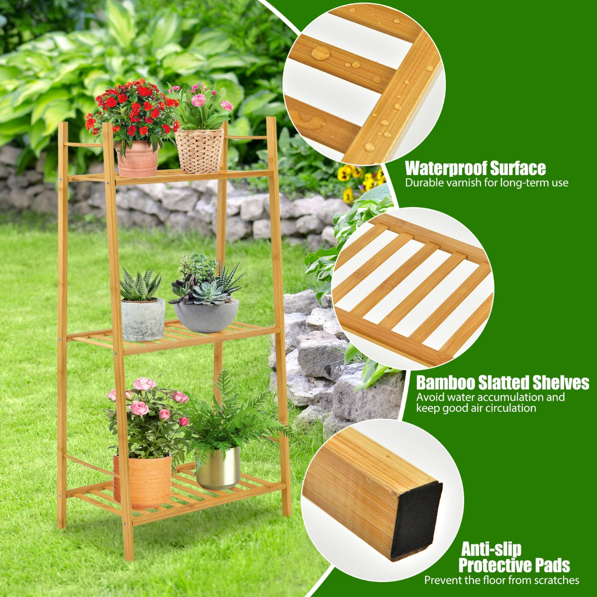 3 Tier Bamboo Plant Stand with Rear Bar for Storage and Display-Natural