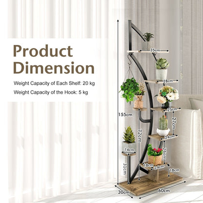 8-Tier Tall Wooden Curved Half-Moo Shape Plant Stand with Top Hook-Natural