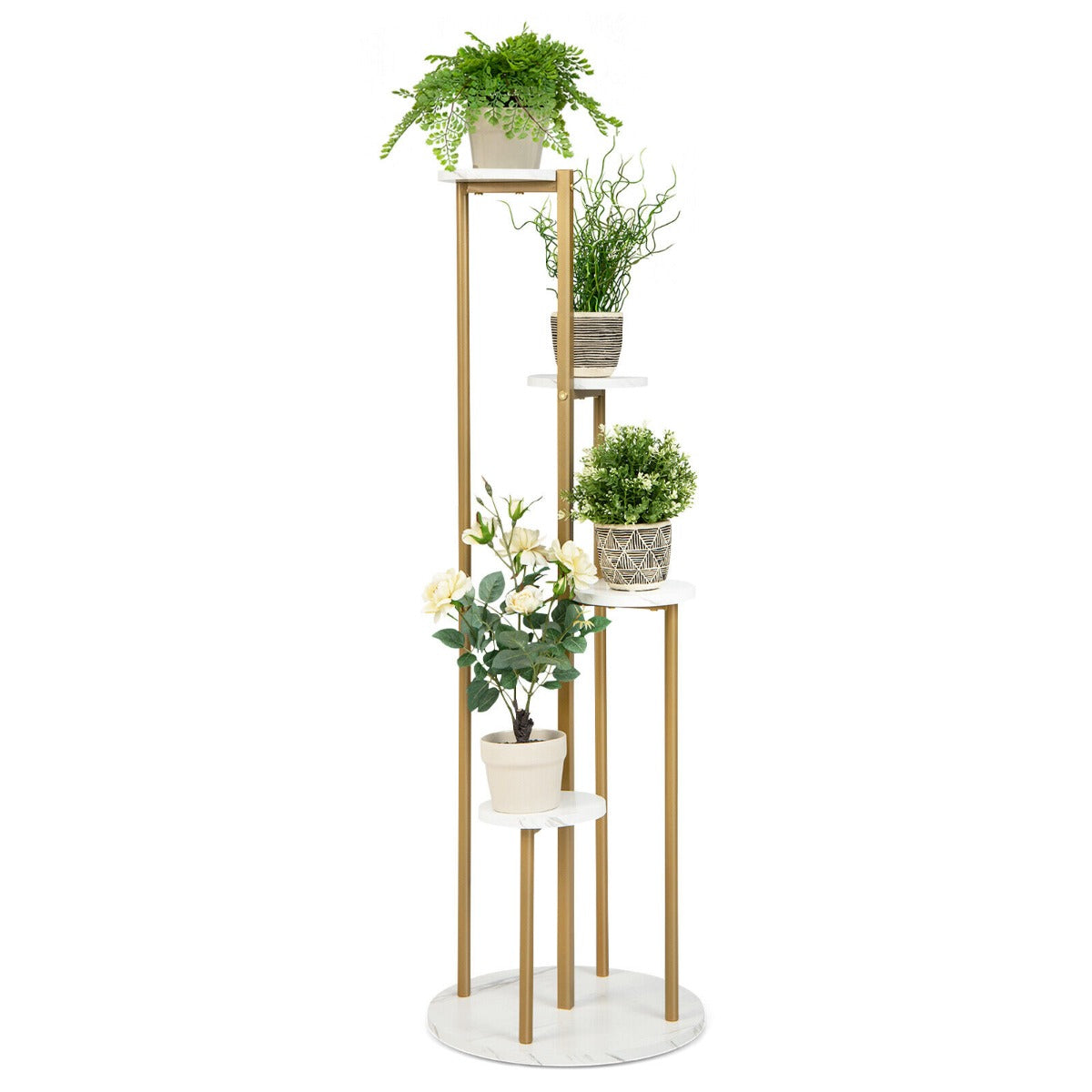 5-Tier Modern Tall Metal Plant Stand for Balcony Living Room Yard-White &amp; Golden