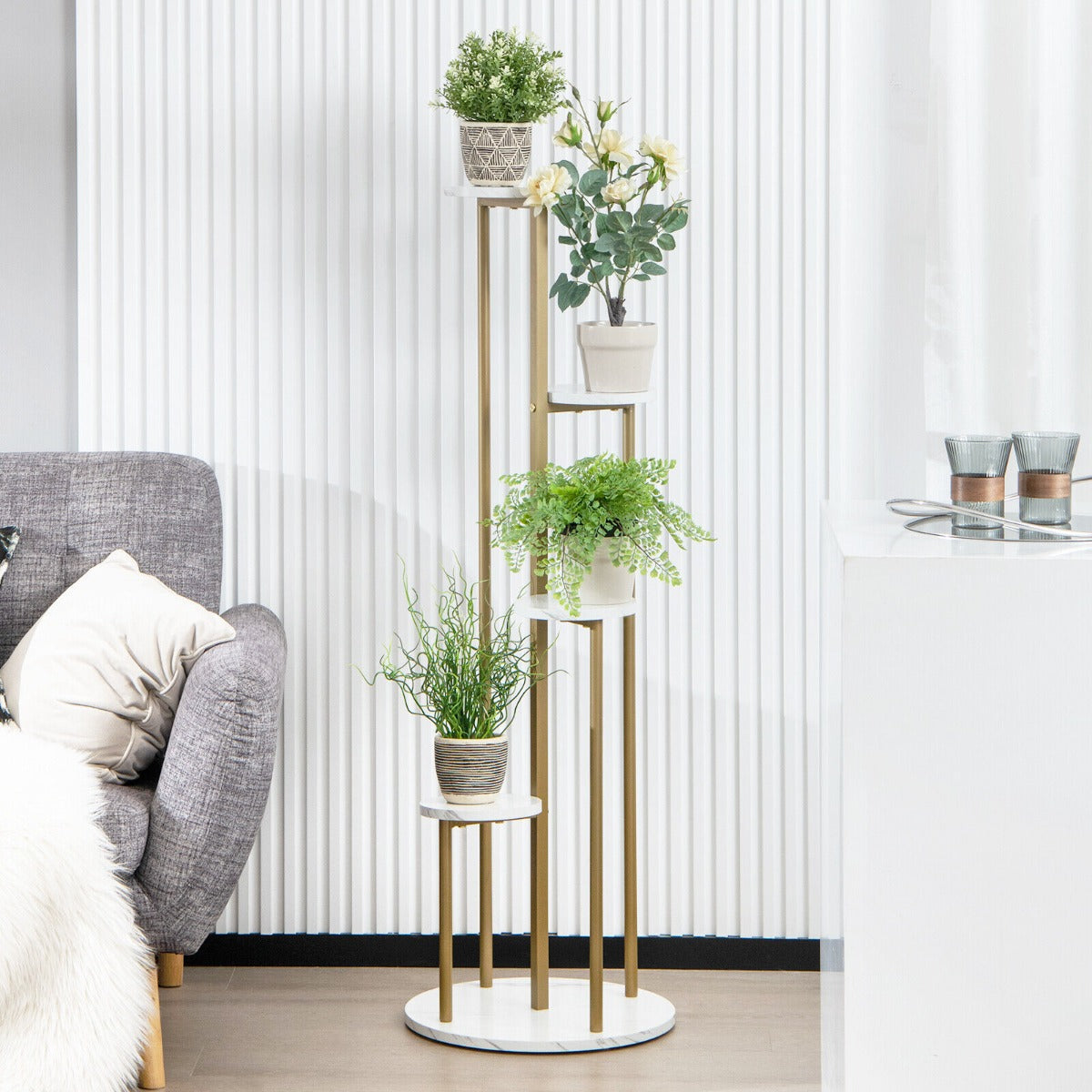 5-Tier Modern Tall Metal Plant Stand for Balcony Living Room Yard-White &amp; Golden