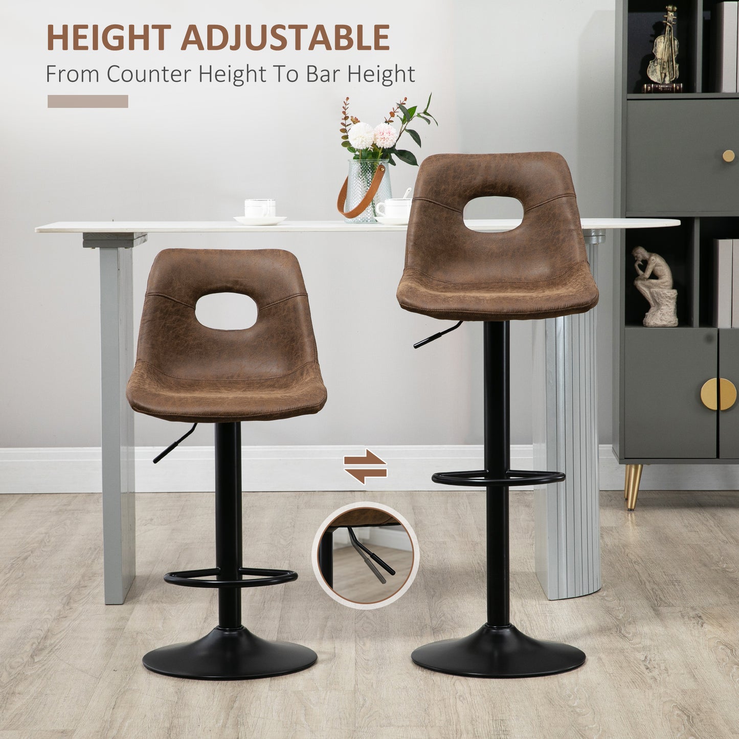 HOMCOM Set of 2 Bar stools With Backs,retro-look , faux leather, Adjustable Breakfast Dining Stools with Backrest, Footrest, Brown