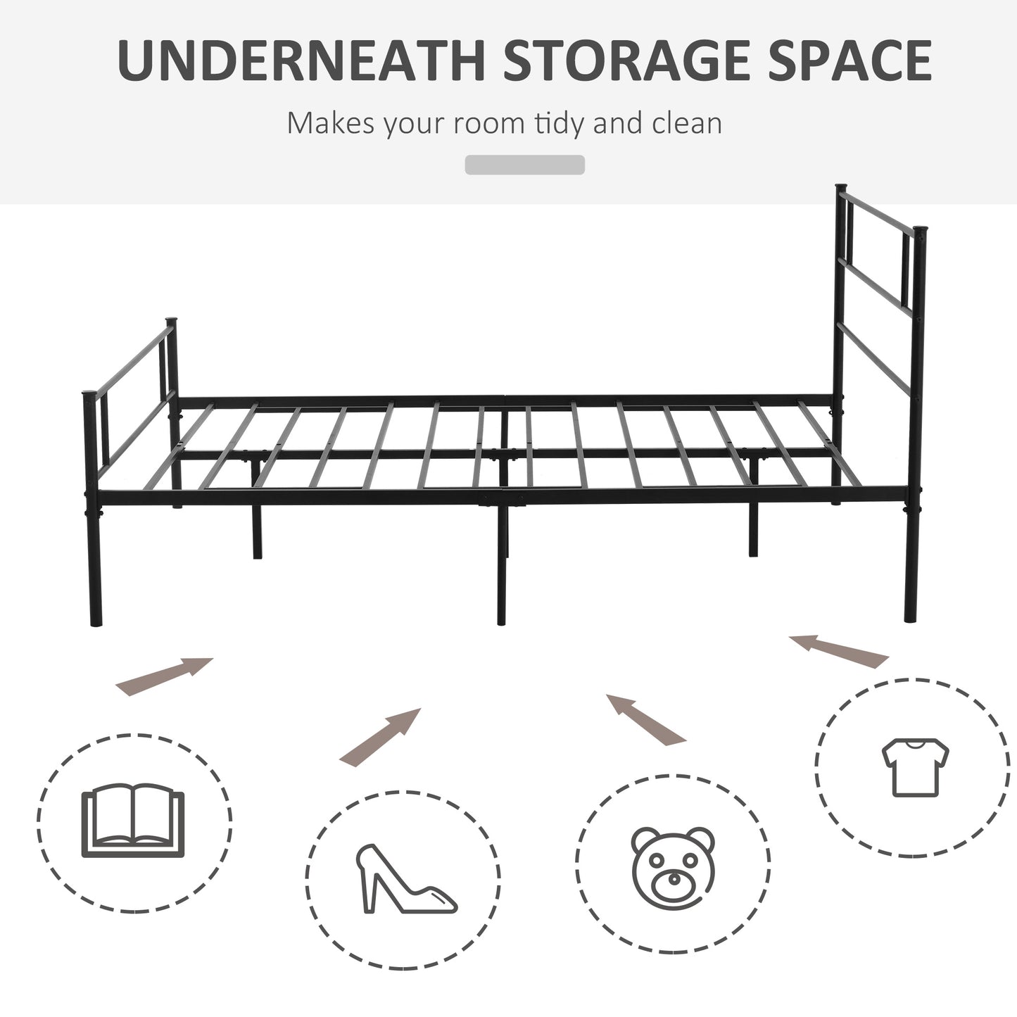 HOMCOM King Size Metal Bed Frame, Solid Bedstead Base with Headboard and Footboard, Metal Slat Support and Underbed Storage Space, Bedroom Furniture