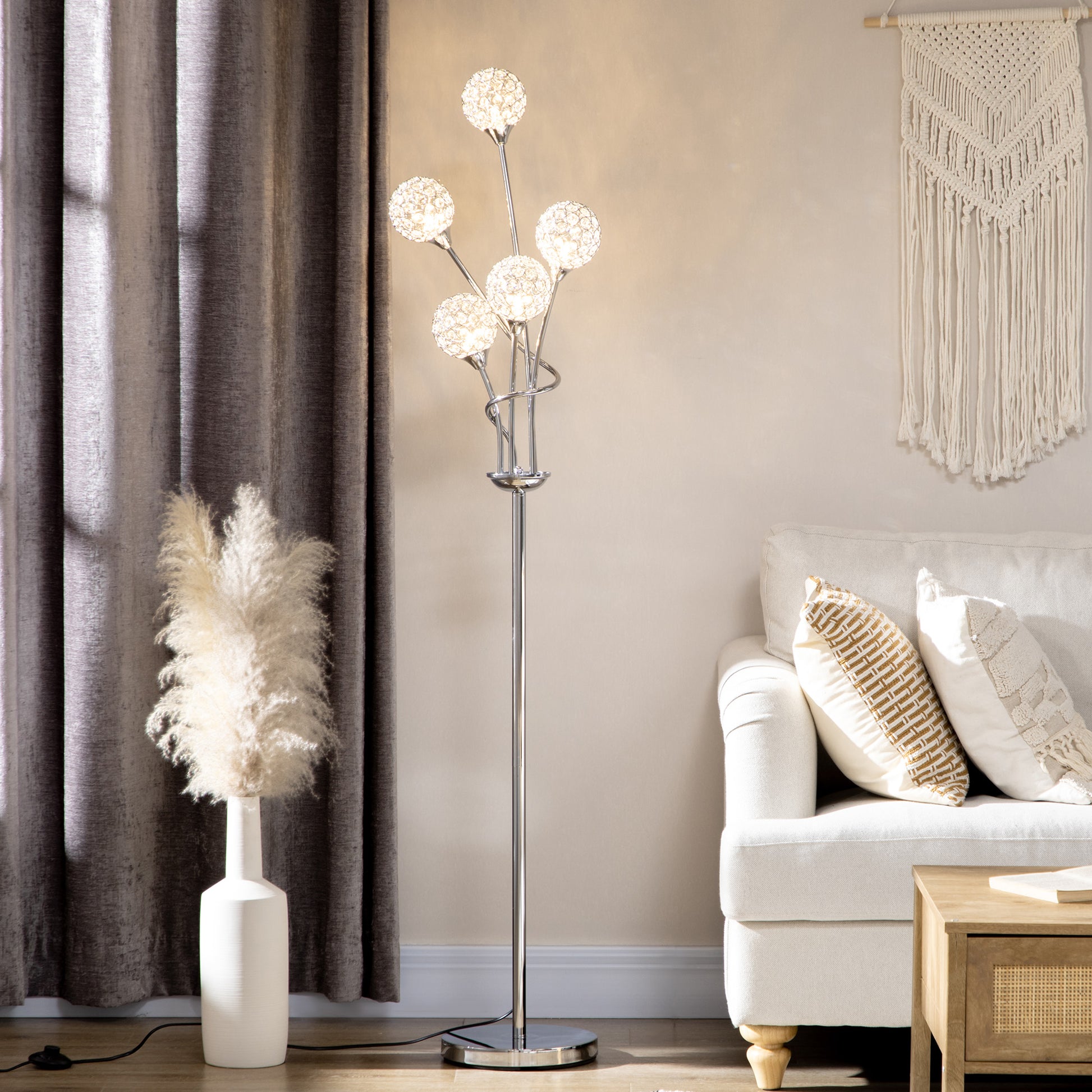 HOMCOM Crystal Floor Lamps for Living Room Bedroom with 5 Light, Modern Upright Standing Lamp, 34x25x156cm, Silver