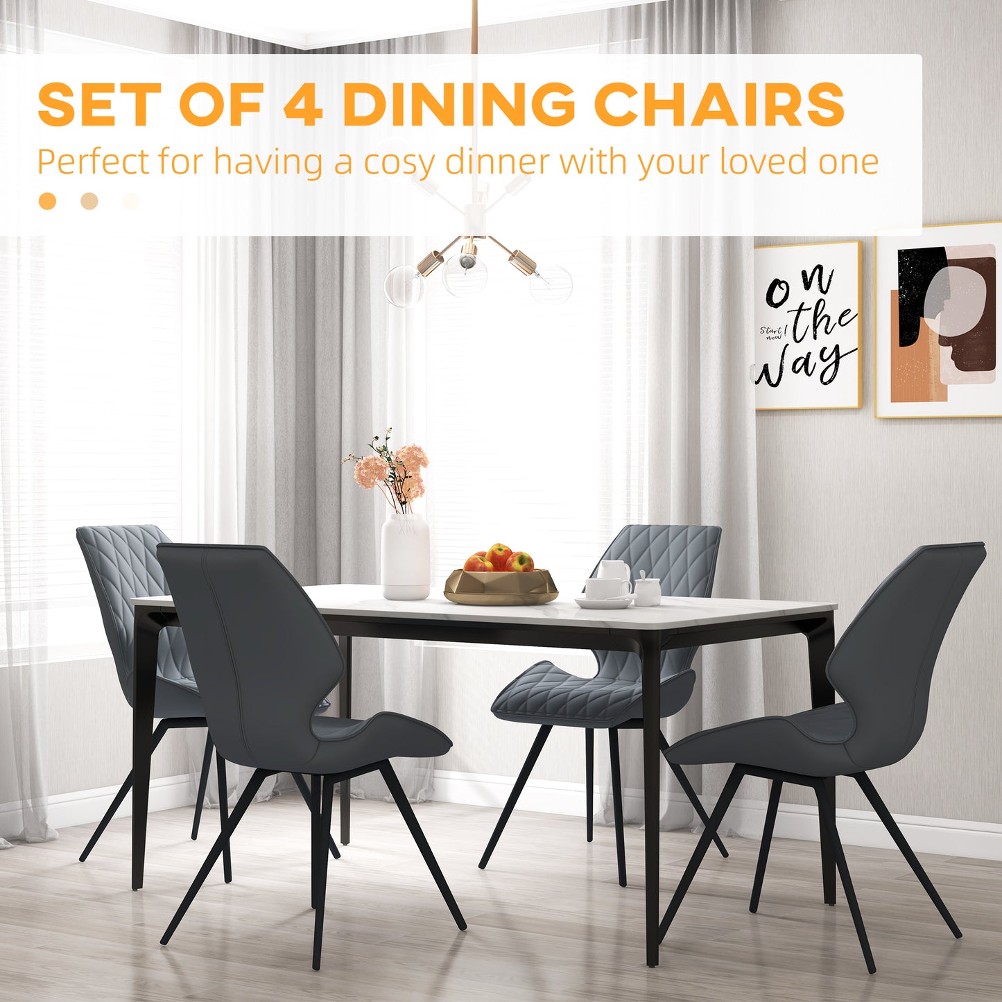 HOMCOM Set of 4 Dining Chairs, Kitchen Chairs with Metal Legs, PU Leather Seat and Backrests, Grey