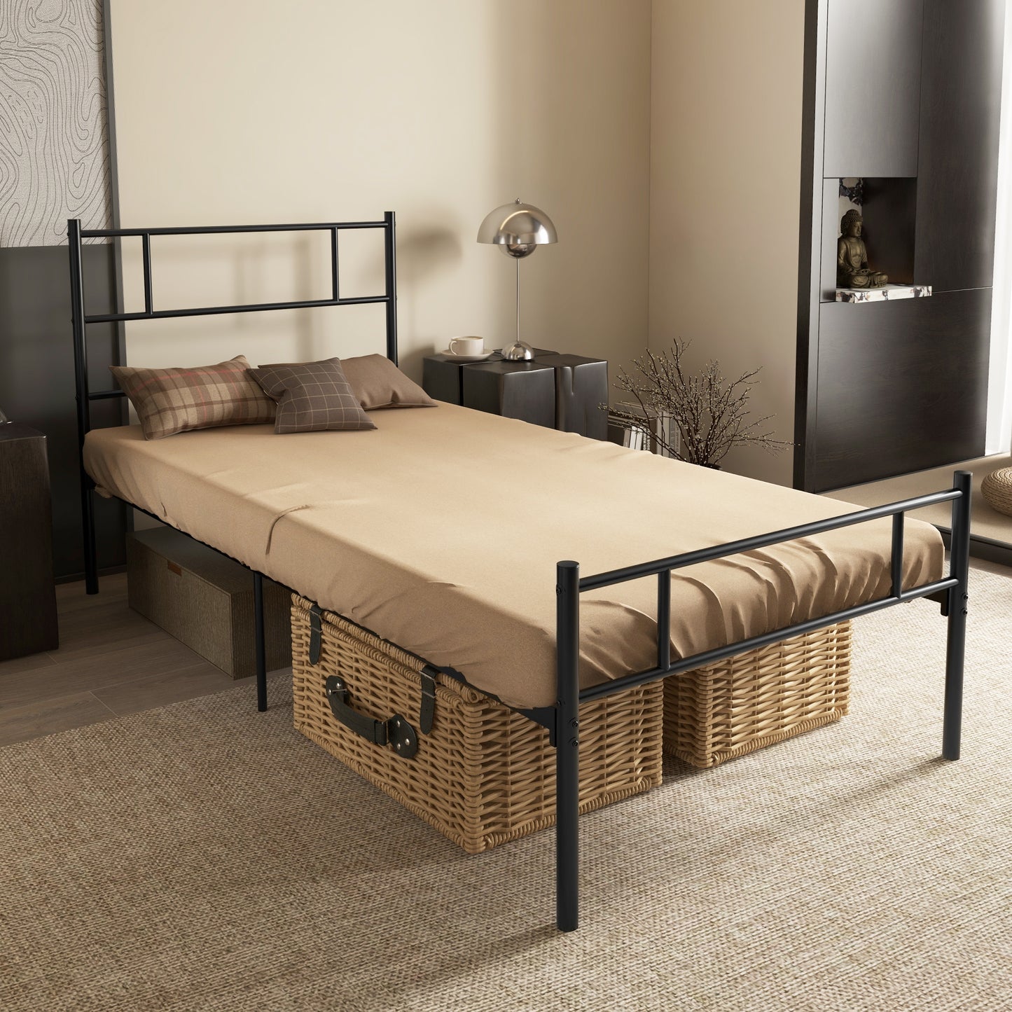 HOMCOM Single Metal Bed Frame Solid Bedstead Base with Headboard and Footboard, Metal Slat Support and Underbed Storage Space, Bedroom Furniture