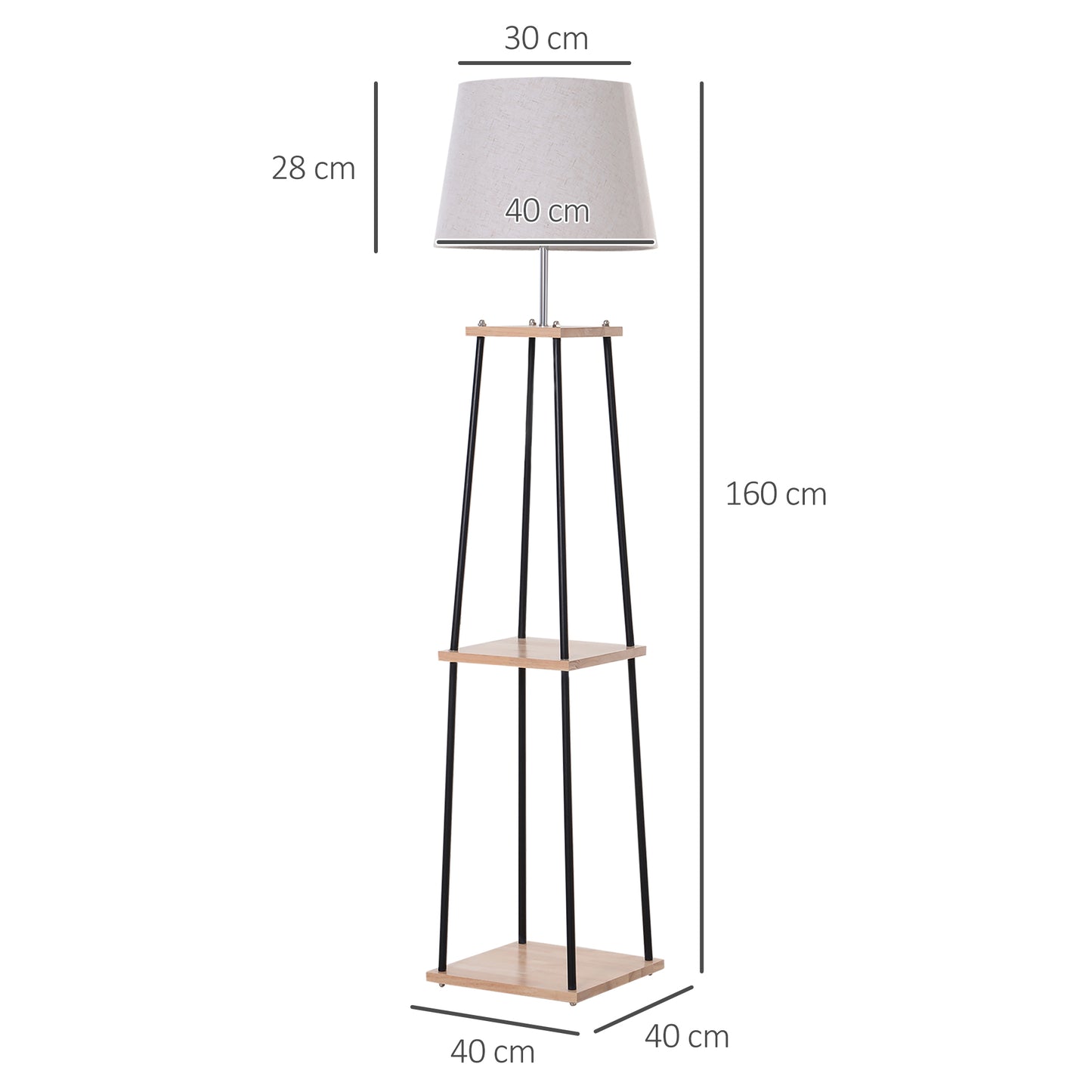 HOMCOM Metal Tripod Floor Lamp w/ 3-Tier Shelves Foot Switch Modern Stylish E27 Lampshade Base  Functional Duo Design