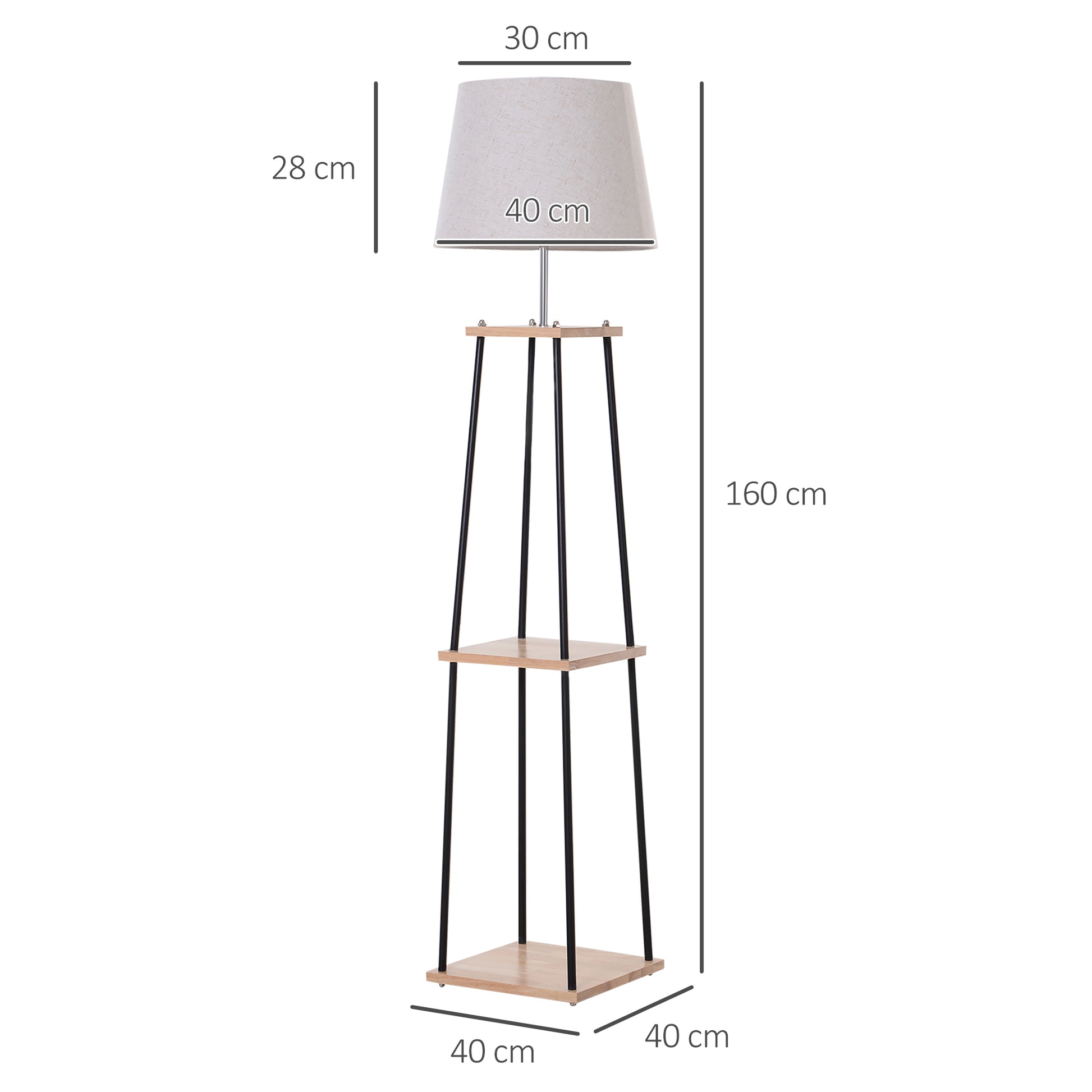 HOMCOM Metal Tripod Floor Lamp w/ 3-Tier Shelves Foot Switch Modern Stylish E27 Lampshade Base  Functional Duo Design