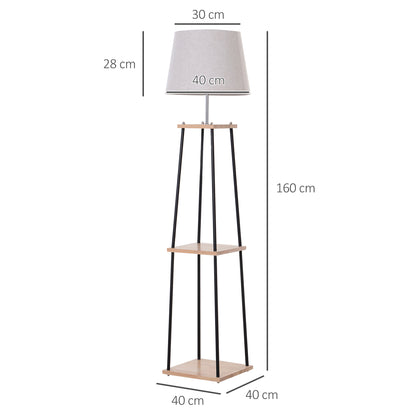 HOMCOM Metal Tripod Floor Lamp w/ 3-Tier Shelves Foot Switch Modern Stylish E27 Lampshade Base  Functional Duo Design