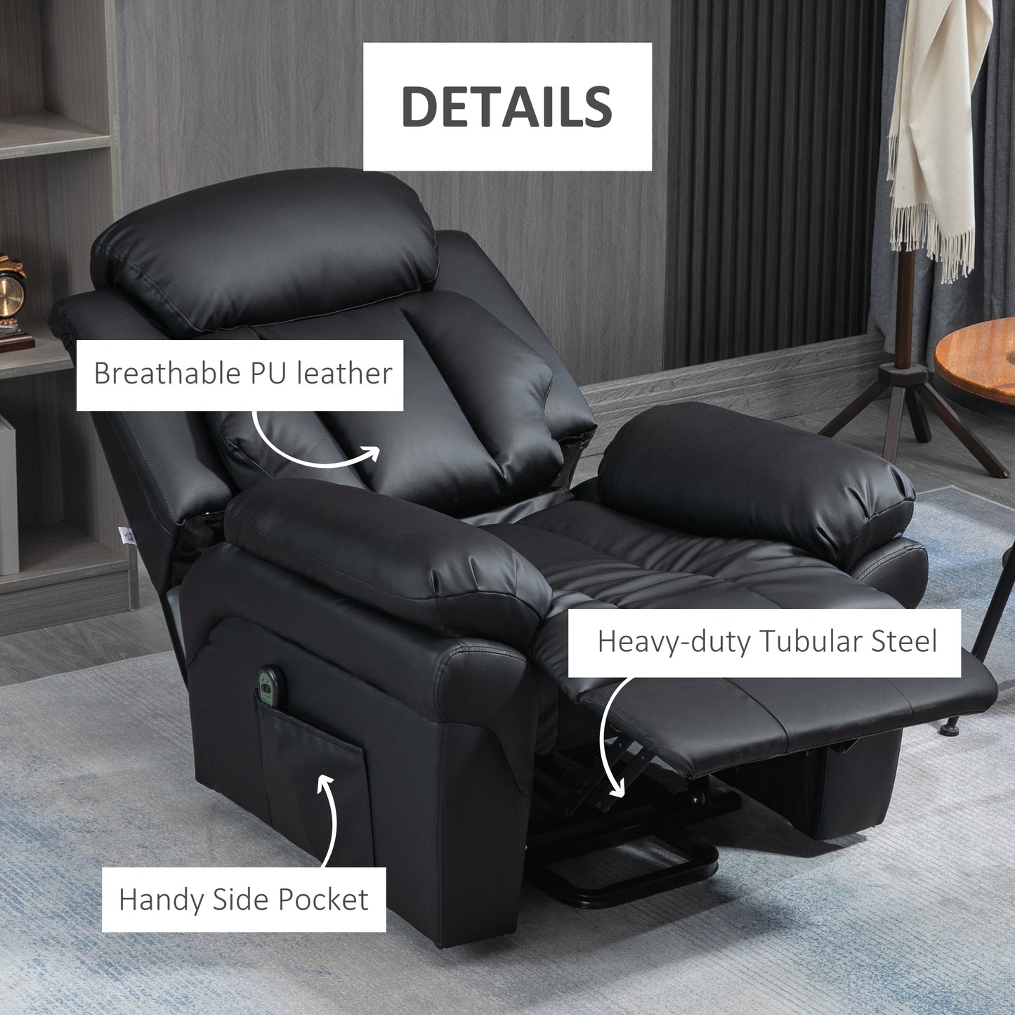 HOMCOM Lift Stand Assistance Chair Recliner Sofa PU Leather  Extra Padded Design Electric Power w/ Remote Black