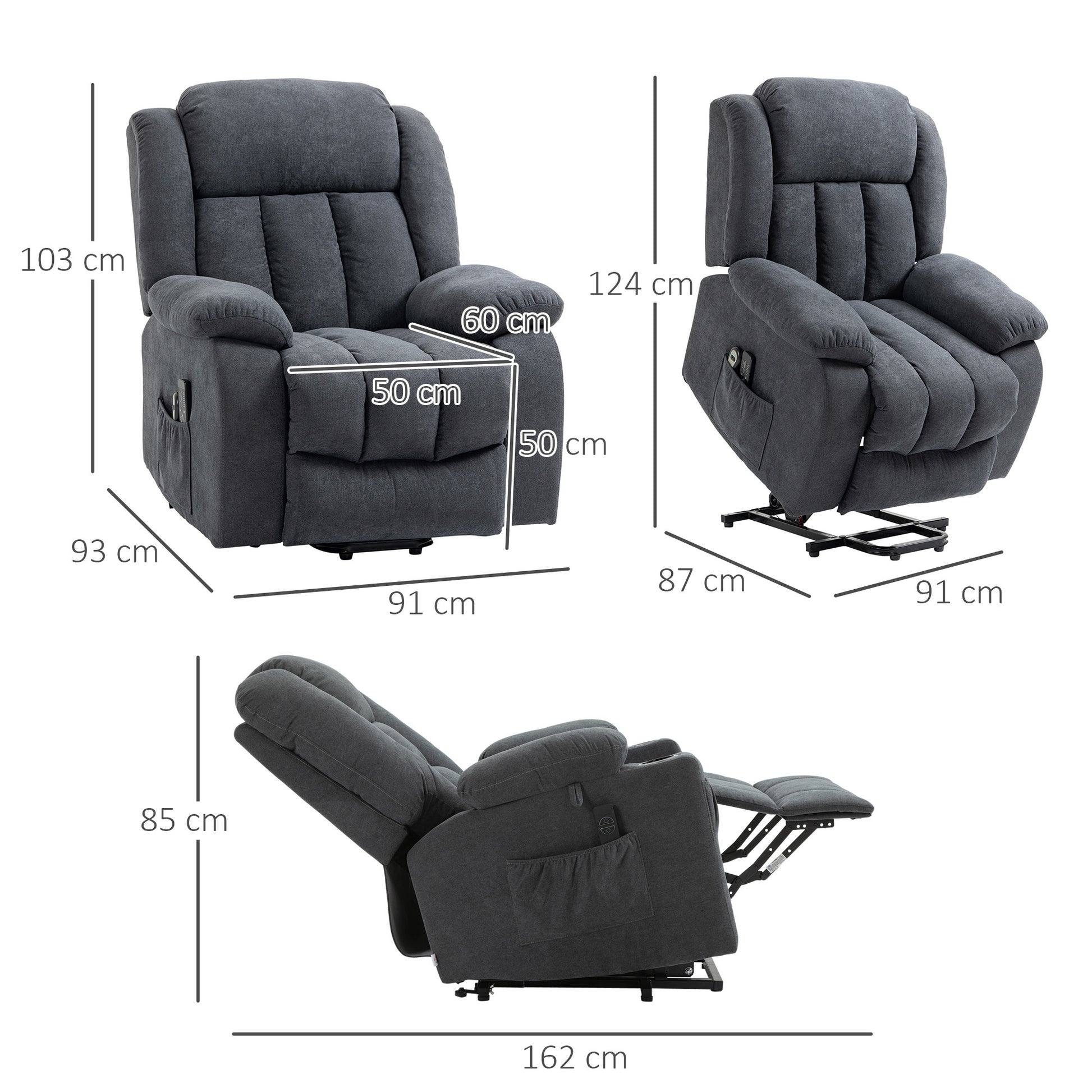 HOMCOM Oversized Riser and Recliner Chairs for the Elderly, Heavy Duty Fabric Upholstered Lift Chair w/ Remote Control, Side Pocket, Dark Grey