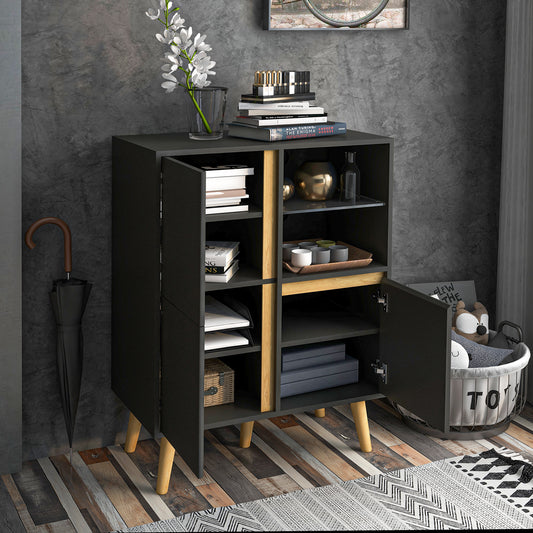 HOMCOM Storage Cabinet Sideboard with Tempered Glass Adjustable Shelves and Solid Wood Legs