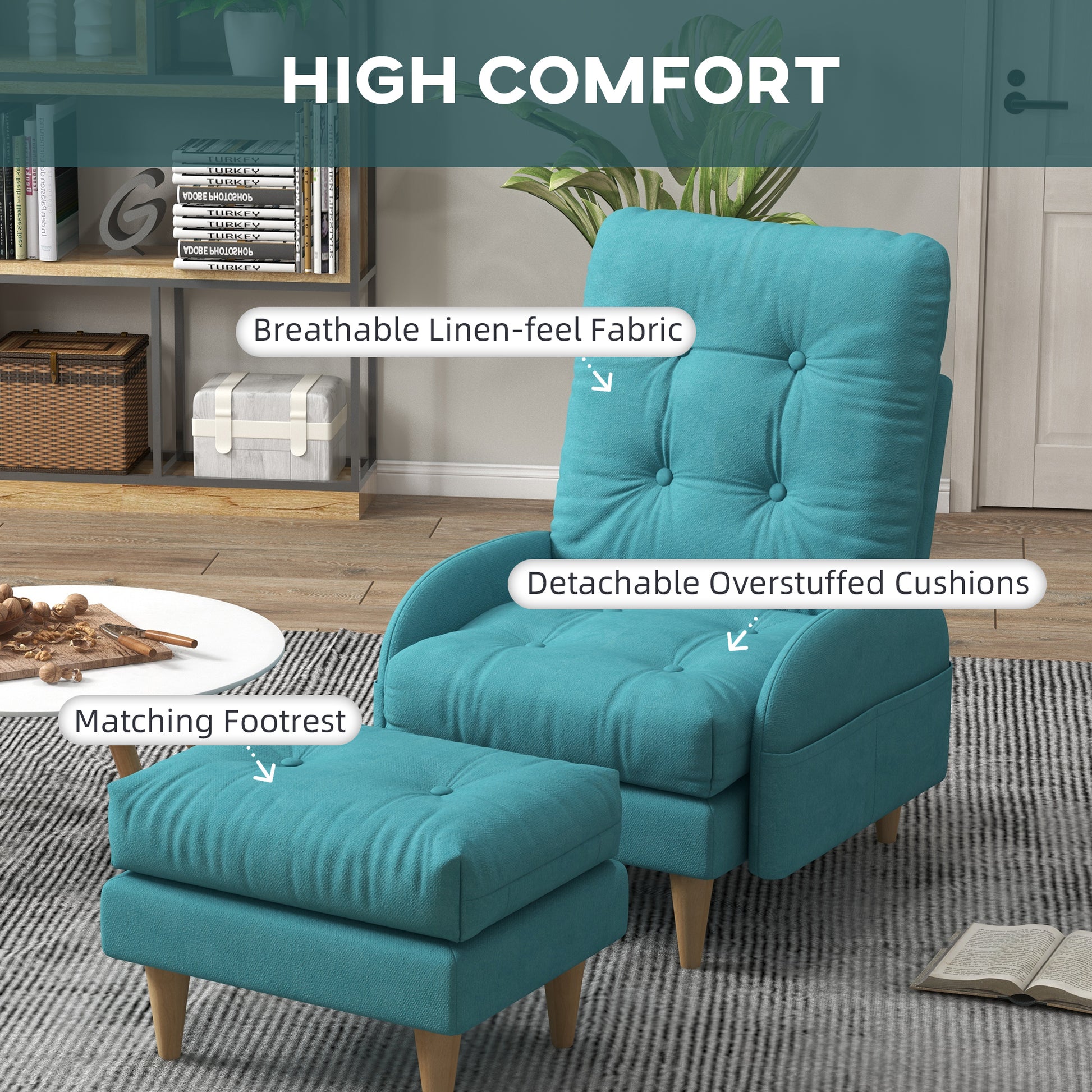 HOMCOM Armchair with Footstool Set, Modern Button Tufted Accent Chair with Adjustable Backrest, Cushions, Wood Legs and Side Pockets