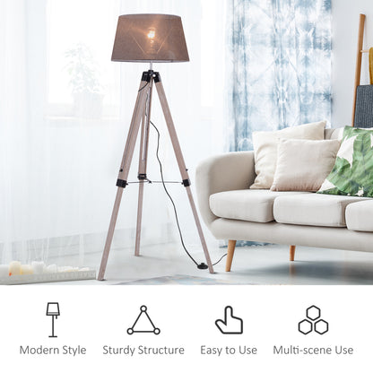 HOMCOM Wooden Adjustable Tripod Free Standing Floor Lamp  Bedside Light E27 Bulb Compatible