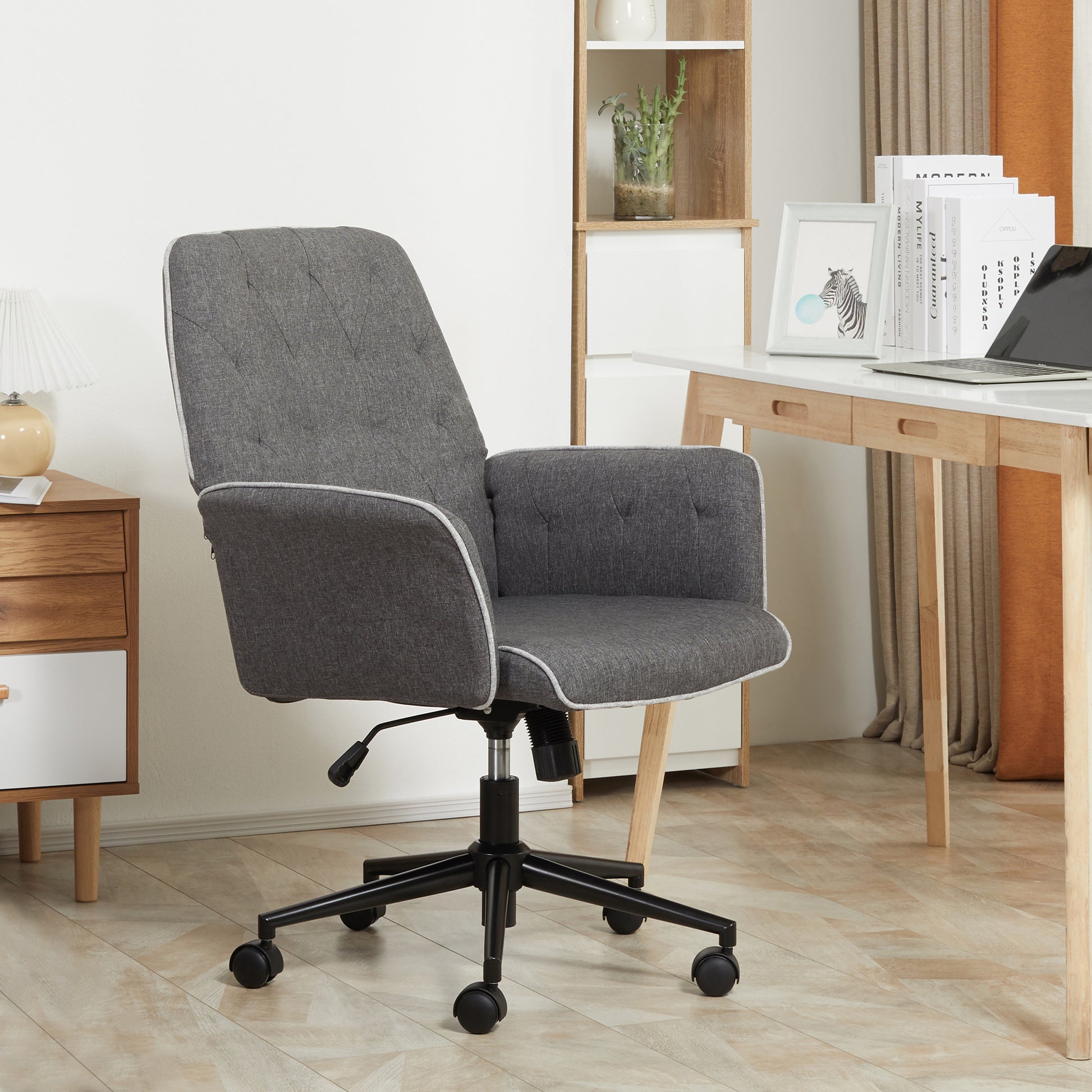 HOMCOM Linen Office Swivel Chair Mid Back Computer Desk Chair with Adjustable Seat, Arm - Grey