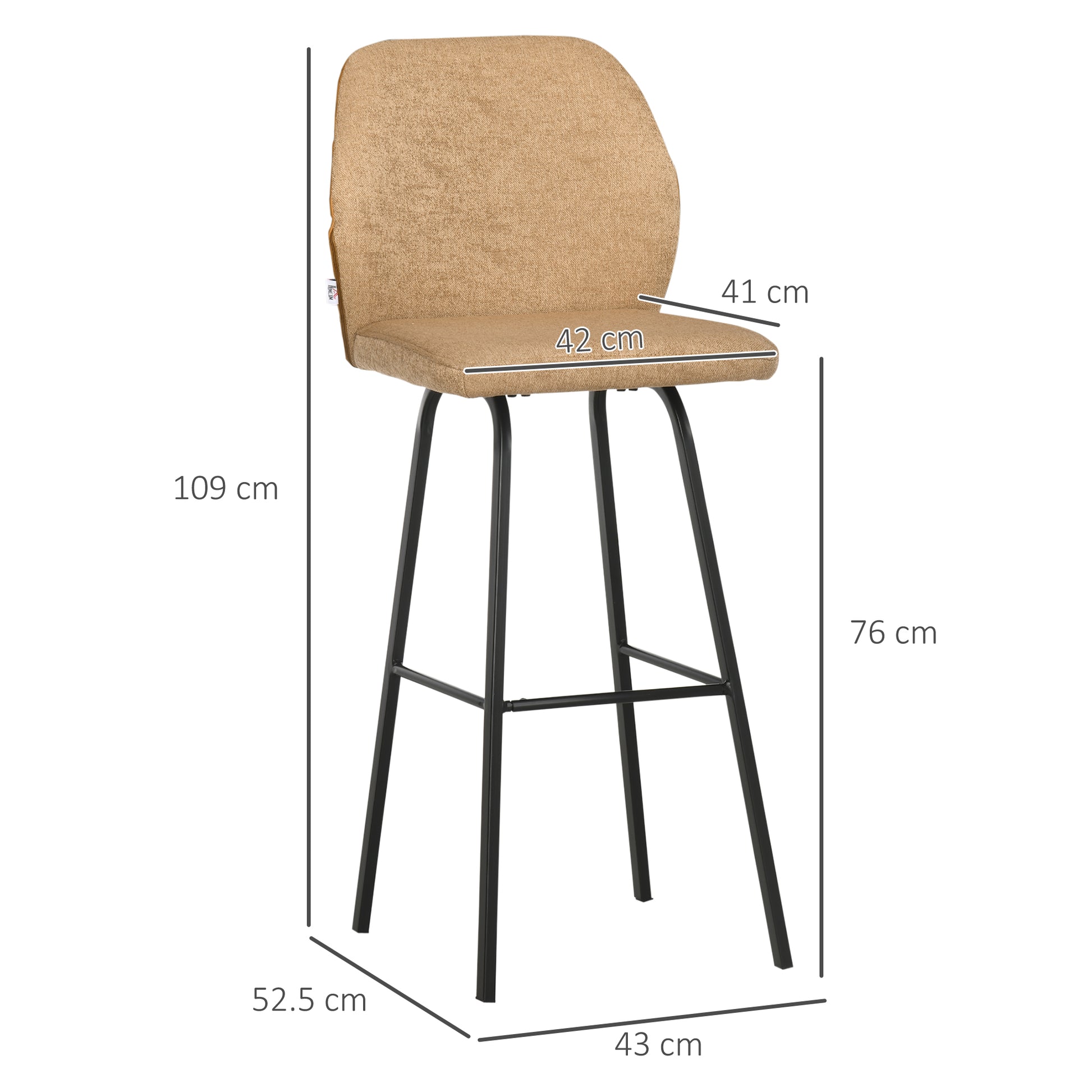 HOMCOM Bar Stools Set of 4, Linen-Touch Upholstered Bar Chairs, Kitchen Stools with Backs and Steel Legs for Dining Room, Light Brown