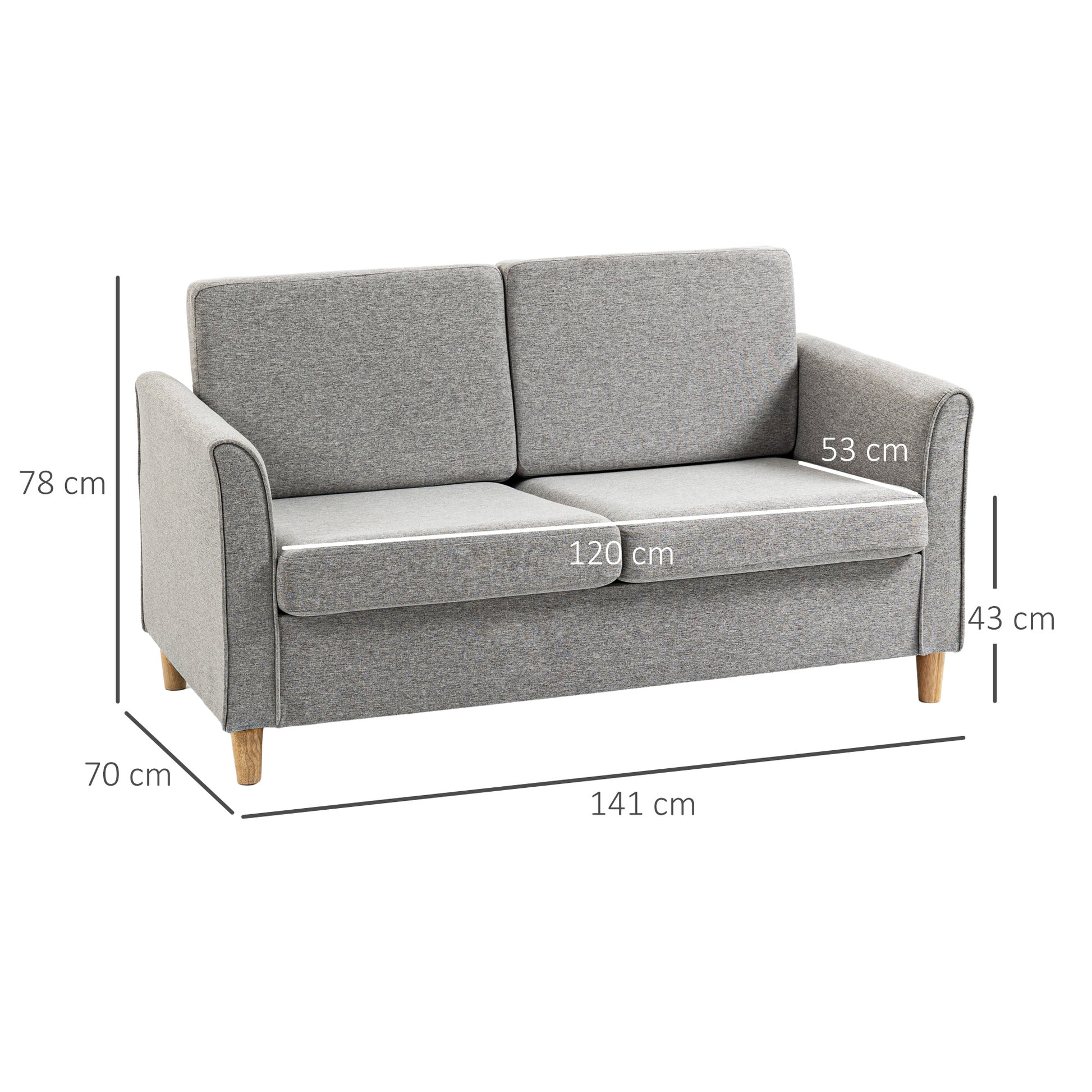 HOMCOM Compact Loveseat Sofa, Modern 2 Seater Sofa for Living Room with Wood Legs and Armrests, Light Grey