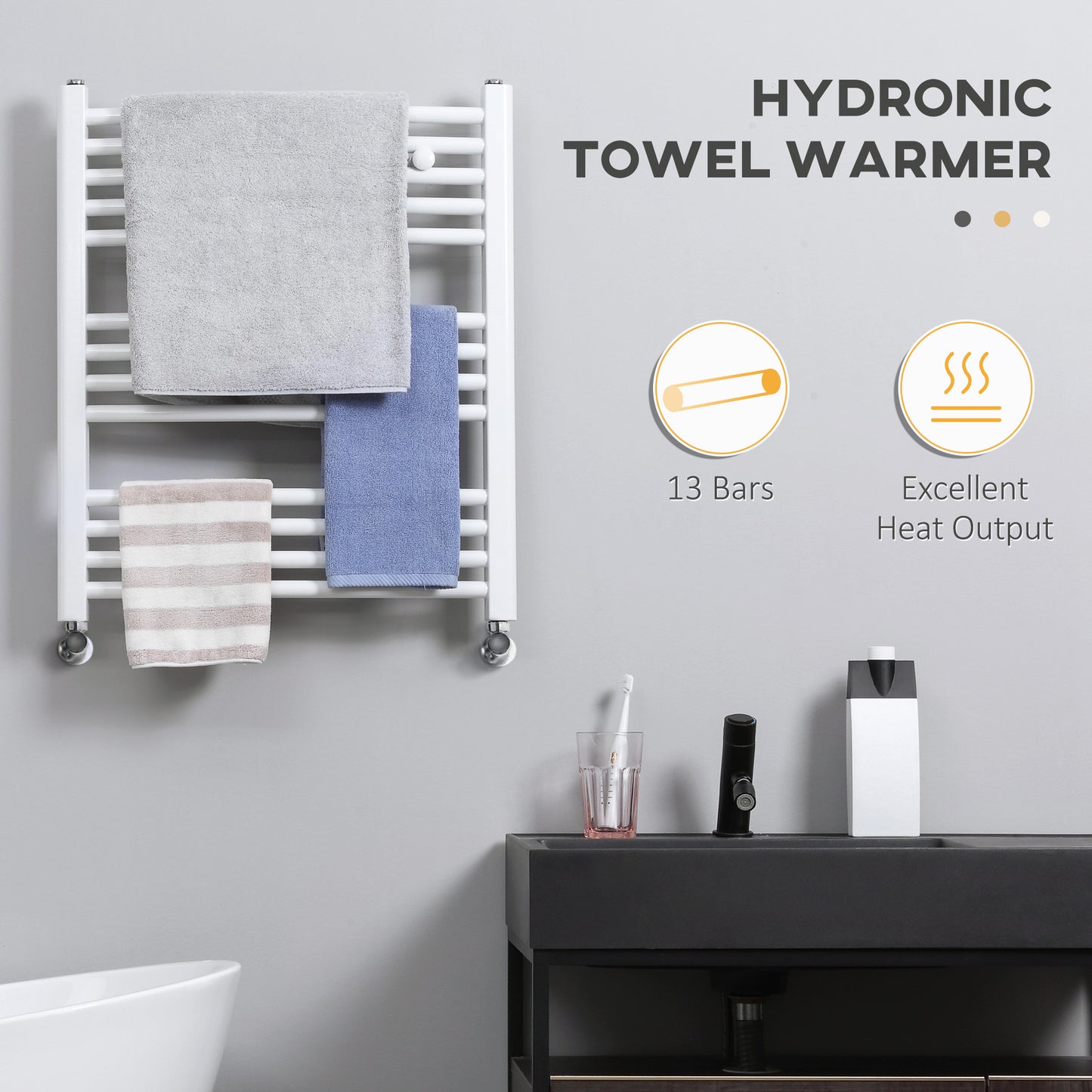 HOMCOM Straight Heated Towel Rail, Hydronic Bathroom Ladder Radiator Towel Warmer For Central Heating 600mm x 700mm, White