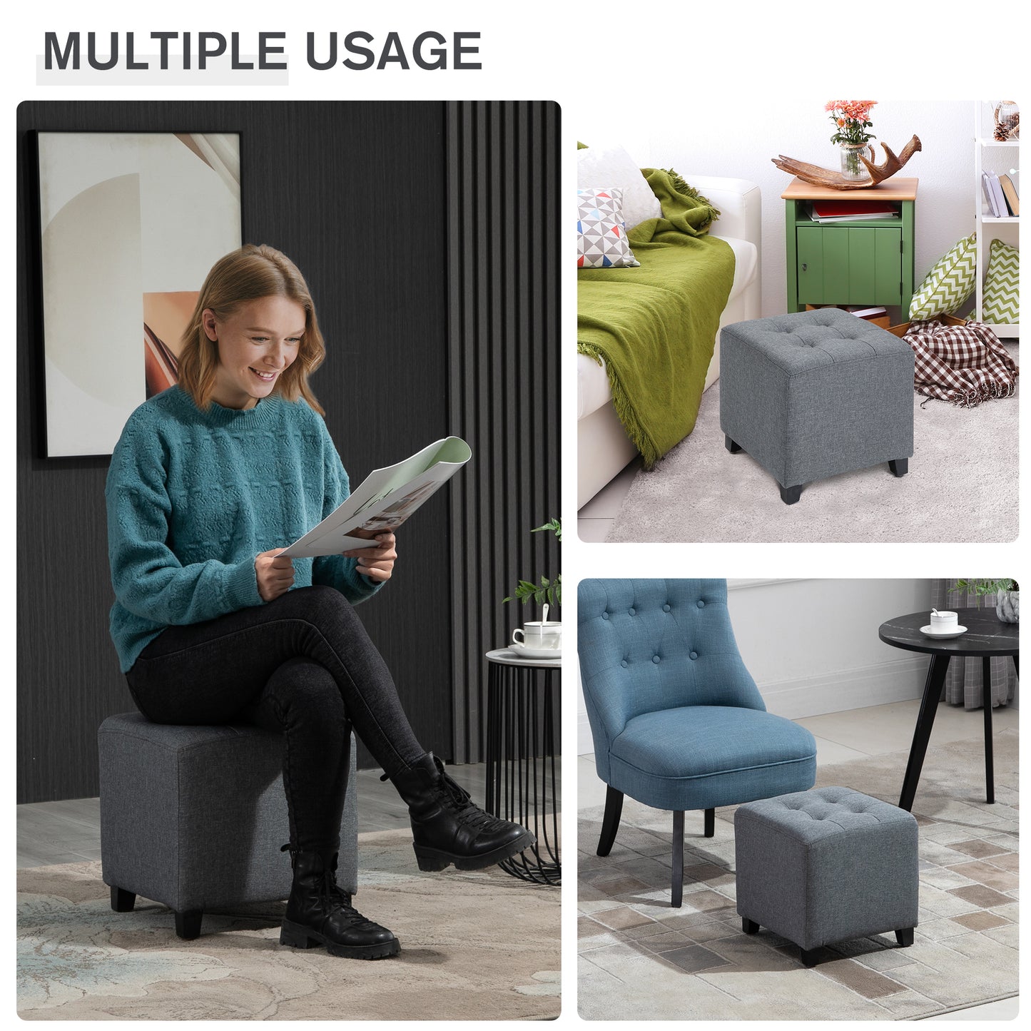 HOMCOM Linen-Look Square Ottoman Footstool w/ Button Tufts Wood Frame Padding Fabric Upholstered Stylish Home Furniture Footrest Side Table Grey