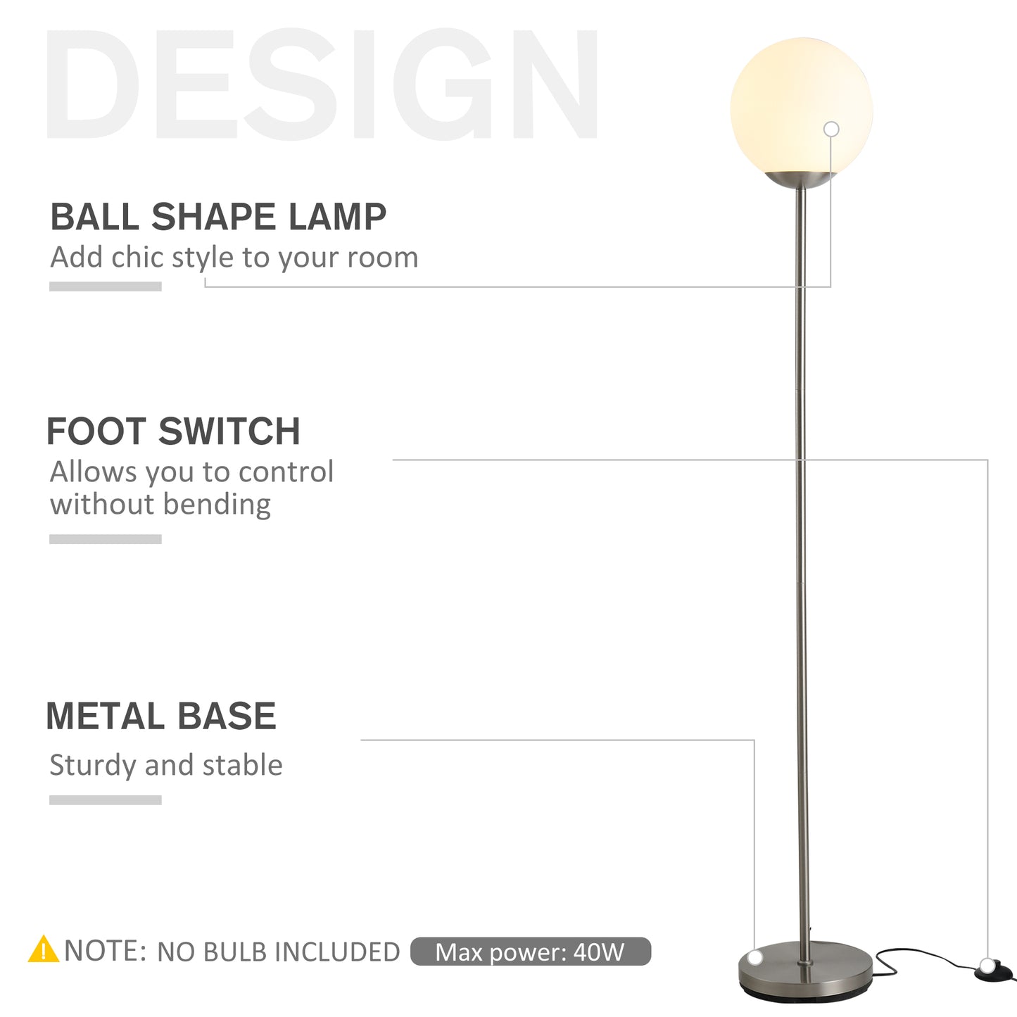 HOMCOM 171cm Glass Globe Floor Lamp Metal Frame Sphere Light Pedal Switch Home Office Living Room Modern Unique Standing Beautiful Furnishing - Grey