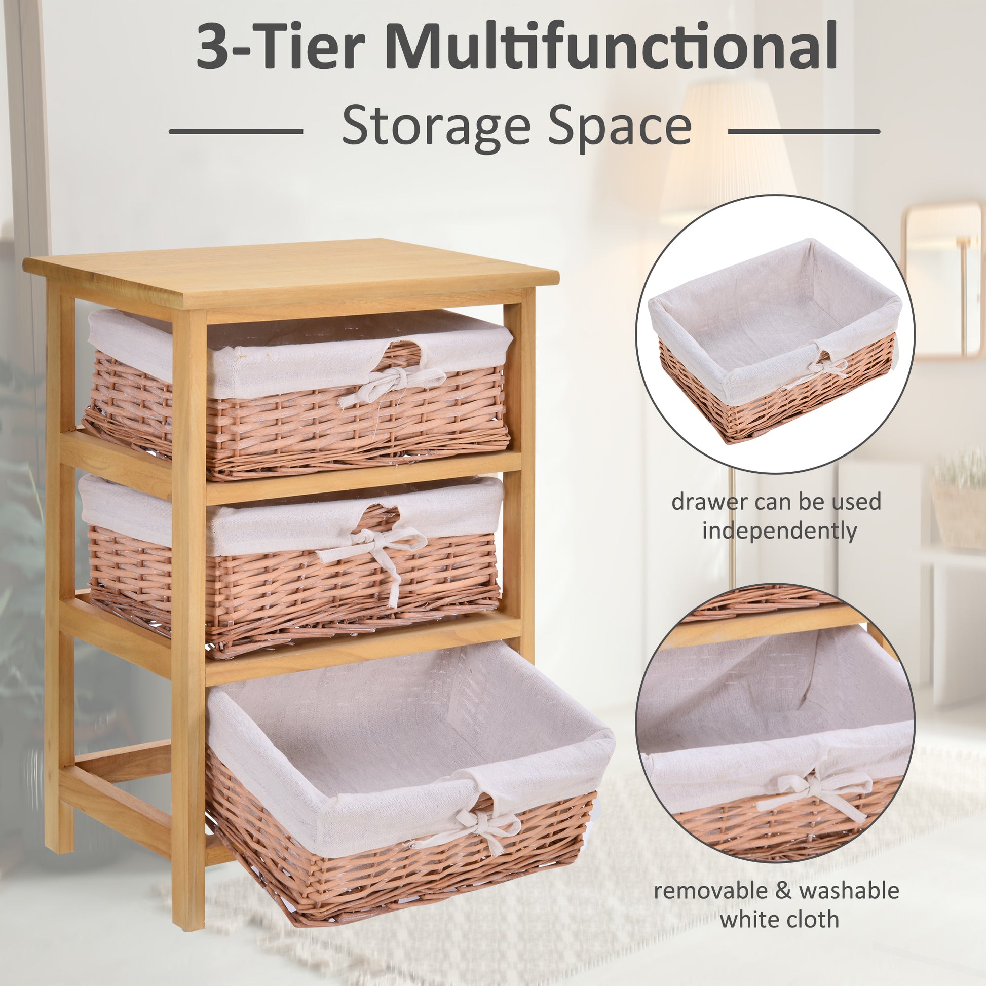 HOMCOM 3 Drawer Dresser Wicker Basket Storage Shelf Unit Wooden Frame Home Organisation Cabinet Bedroom Office Furniture Natural Finish 58x40cm