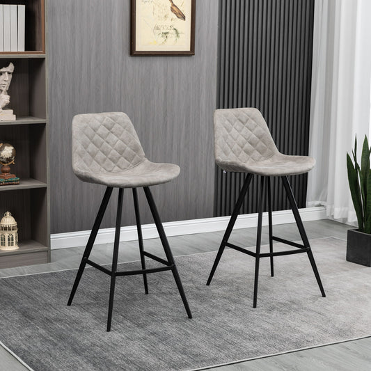 HOMCOM Set Of 2 Bar Stools Vintage Microfiber Cloth Tub Seats Padded Comfortable Steel Frame Footrest Quilted Home Bar Cafe Kitchen Chair Stylish Grey